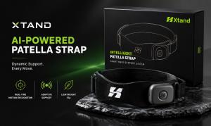Xtand AI-powered patella strap with intelligent knee support system and product packaging.