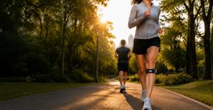 Athlete wearing Xtand AI-powered patella strap while running on a park path during golden hour.