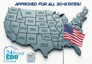 This image shows why 24hourEDU offers the best online mlo course.  Approved for all 50-states, US state map outline, United States Flag, NMLS approval number and the 24hourEDU logo are all displayed together.