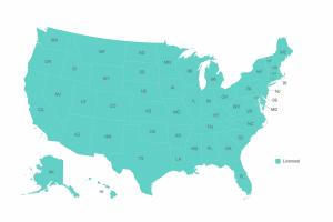 Map graphic showing the 44 states where OmniRx Health virtual primary care is licensed