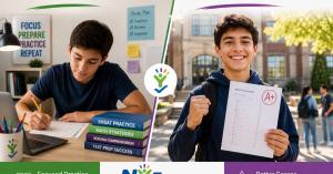 Two panels: a student studying with SHSAT practice books, and a student outside a school holding a completed practice test