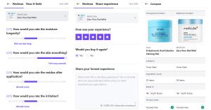 Viewduc beauty review interface showing product experience ratings, written reviews and a side-by-side skincare product comparison.