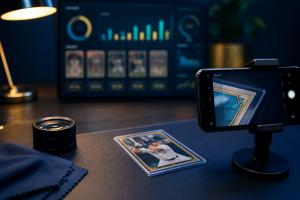 Trading card beside a smartphone camera and collection analysis dashboard