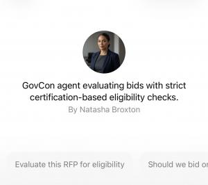 Monique GPT interface organizing government-contracting requirements and bid-evaluation information for human review.