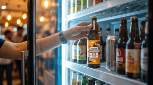 Hand selecting a bottle of 3 Sisters German Lager non-alcoholic beer from a refrigerated beverage display.