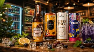 3 Sisters non-alcoholic beer and specialty drinks displayed on a wooden bar alongside a blueberry lemonade mocktail, fresh fruit, mint, dates, and ice.