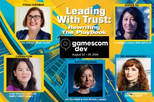 Five panelists participating in "Leading With Trust" session at gamescom dev 2026