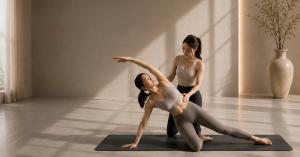 Pilates instructor guiding a participant through a mindful movement exercise on a mat, focusing on mobility and body awareness.
