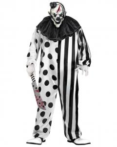Horror-Clown Kostüm in Schwarz-Weiß mit Punkten und Streifen, Halskrause, Killerclown-Maske und blutigem Messer als Ganzkörperansicht