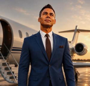 Carlos Peña standing in front of a private jet representing his new role with PLS Aviation.