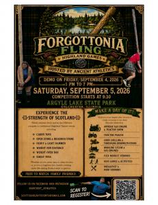 Forgottonia Fling Highland Games flyer promoting the September 4–5, 2026 event at Argyle Lake State Park in Colchester, Illinois, featuring Highland Games competitions, tractor events, family activities, and food vendors.