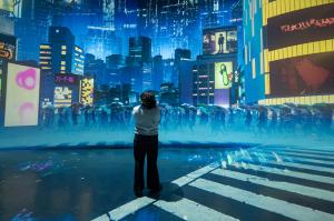 A woman standing in a digital nighttime metropolis