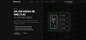 RadioCult mobile app feature page with a phone showing a live online radio show and an up-next schedule, beside callouts for live listening, schedule sync, chat access, and Shazam mixes.