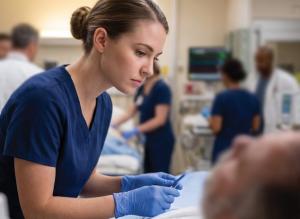 Nurse wearing a Olora Halo nasal malodor barrier nose ring treating a patient