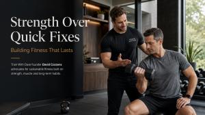 Personal trainer coaching a client through strength training in a modern gym, representing sustainable fitness, muscle building and long-term health.