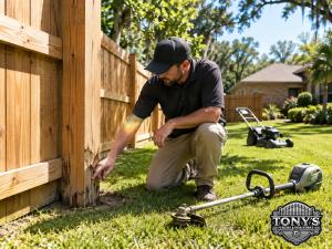 Man inspecting weed eater damage near the base of a wooden fence in Louisiana