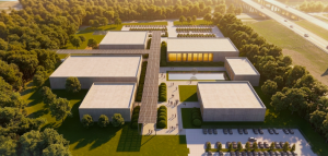 Aerial rendering of the Occam Foundry campus in Austin: six low concrete buildings connected by a trellised central walkway, with a courtyard, reflecting pool, surrounding trees, and a highway in the distance.