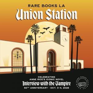 An image of Los Angeles Union Station with bats and showing the date and time for Rare Books LA Union Station