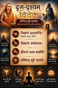 Drig-Drishyam Vivek spiritual illustration featuring Adi Shankaracharya, Lord Shiva, meditation, self-knowledge, and the wisdom of discerning between the seer and the seen.