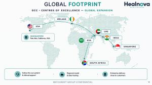 HealNova global footprint map showing operations and expansion across the USA, Ireland, UAE, Saudi Arabia, India, Singapore, and South Africa.