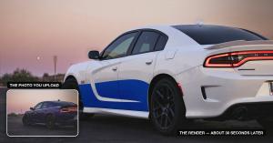 Side-by-side of a car photo and its AI wrap render from TunedRides