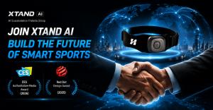 Xtand AI-powered patella strap displayed on a futuristic platform with CES 2026 and Red Dot Design Award 2025 recognition.