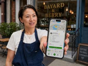 A café owner holding a phone showing the Secret World app with a paid task listing for a short café video.