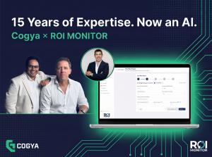 Cogya co-founders Damien Bonnefoux and Mohamed Abdalhamid next to a screenshot of the ROI Monitor AI-powered marketing ROI dashboard
