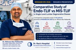 Dr. Rao in a neurosurgical operating room alongside an infographic summarising his 110-patient Endo-TLIF versus MIS-TLIF study presented at MISSABCON 2026.
