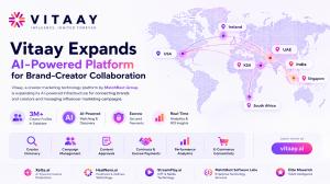 Vitaay global expansion infographic showing the Vitaay logo and a world map highlighting its presence in the USA, Ireland, UAE, KSA, India, Singapore, and South Africa. The graphic highlights Vitaay’s AI-powered creator discovery, 3M+ creator profiles, ca
