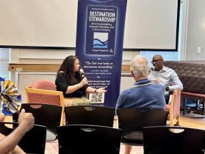 Tonya Fitzpatrick speaks with moderator Ian Fitzpatrick during an author talk on Destination Stewardship at the Oak Bluffs Public Library on Martha’s Vineyard.