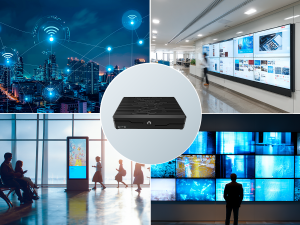 Azulle BYTE Modular mini PC shown with real-world deployments including digital signage displays, interactive kiosks, connected IoT networks, and a multi-screen video wall