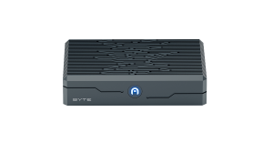 Front view of the Azulle BYTE Modular mini PC, a compact fanless device with a ridged top panel and the Azulle logo, shown on a white background