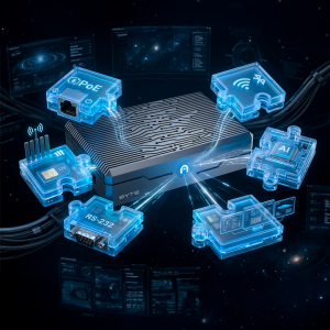 The Azulle BYTE Modular mini PC surrounded by illuminated snap-on expansion modules for PoE, 4G/LTE, wireless connectivity, AI acceleration, RS-232 serial, and display output.