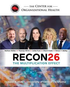 RECON26 promotional graphic featuring speakers Nathan Mellor, Thomas Hill III, Juliet Funt, Sherri Coale and Simon T. Bailey, with the event date October 8, 2026, at the University of Central Oklahoma.
