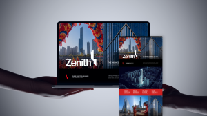 A laptop and tablet displaying the Zenith project website, showing the tower, branding, and site navigation.