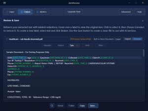 ZeroPersona desktop app showing identifying information replaced locally with structured labels such as PERSON and ORGANIZATION.