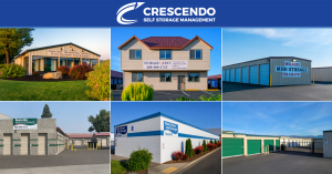 Collage of six self-storage properties in Walla Walla, Washington, including Mill Creek, Storage Quest, Melrose Mini-Storage, Eastside Mini-Storage, Main Street Self Storage, and Eastgate Self Storage, beneath the Crescendo Self Storage Management logo.