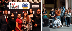 Two group photos: left, six smiling adults at event with iCAN DREAM and sponsor logos; right, eight casually dressed young adults in an urban setting.