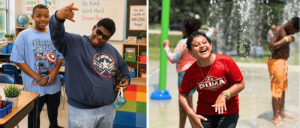 Two joyful scenes: boys having fun in a classroom and kids playing in an outdoor water fountain on a sunny day.