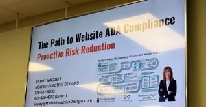 Presentation slide titled The Path to Website ADA Compliance: Proactive Risk Reduction, with Sandy Waggett’s photograph and MSW Interactive Designs branding.
