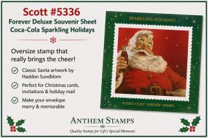 Anthem Stamps promotional graphic featuring Scott #5336 Coca-Cola Sparkling Holidays Forever Deluxe Souvenir Sheet with classic Santa artwork by Haddon Sundblom, highlighting the oversized stamp for Christmas cards, invitations, and holiday mail.