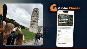 Familia utilizando Globe Chaser durante una visita a Pisa junto a la pantalla de una aventura urbana en español.
