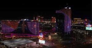 An aerial photo of the Rio Hotel & Casino property. The Venue showroom in the Masquerade Village is currently being transformed into a multi-use entertainment space.