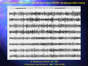 8-channel EEG of the same 74-year-old trainee, before and after seven days of Alpha One training (anonymized; Biocybernaut Institute, 2003).
