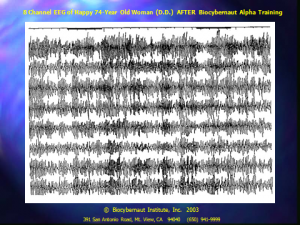 The Before record is desynchronized; the After shows markedly larger, more rhythmic, synchronized Alpha across all eight channels