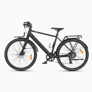 Black DYU Stroll 1 city electric bike shown in profile with front and rear racks.