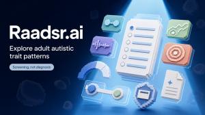 Raadsr.ai PR graphic featuring a voxel-style questionnaire surrounded by icons representing four assessment domains, scoring, privacy, and reporting.