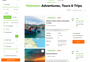 Vibe Adventures search results showing multi-day Vietnam tours with flights, departure dates and total package prices.