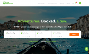 Vibe Adventures homepage search tool for finding multi-day adventure packages with flights included.